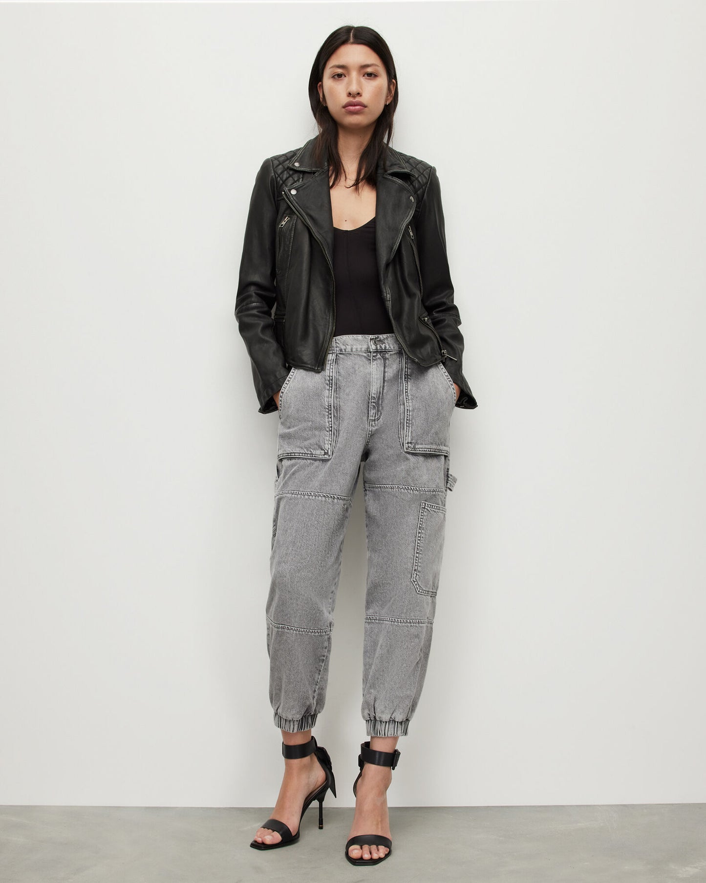 Cargo Distressed Leather Biker Jacket