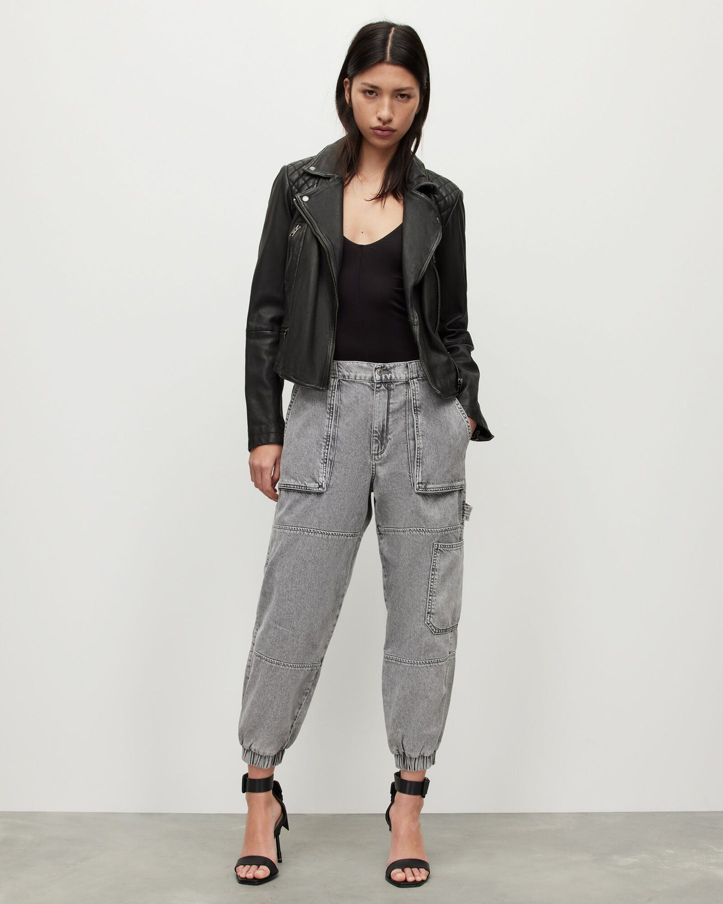 Cargo Distressed Leather Biker Jacket