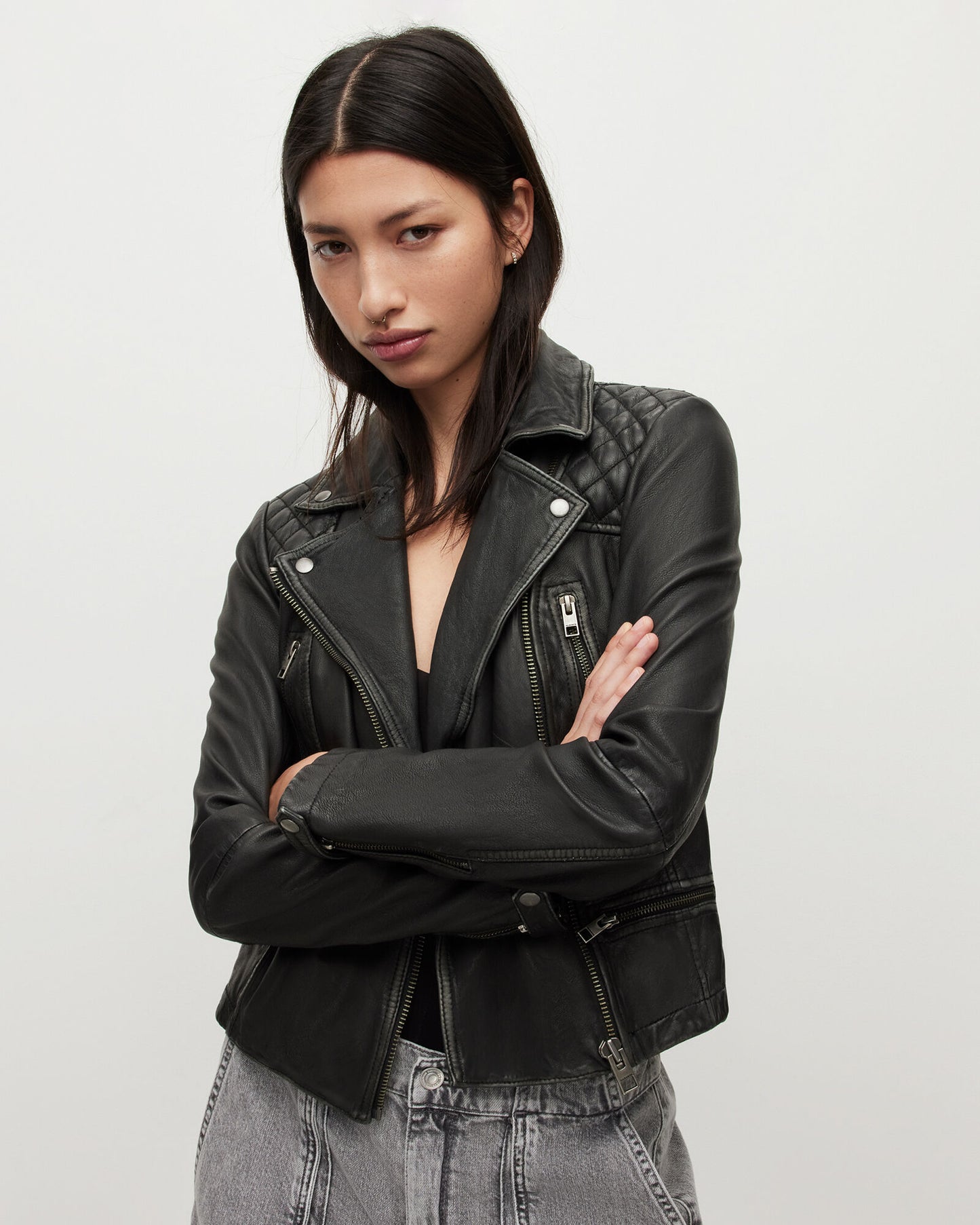 Cargo Distressed Leather Biker Jacket