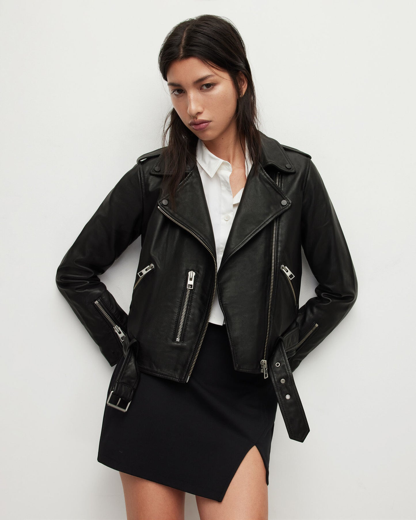 Balfern Belted Hem Leather Biker Jacket